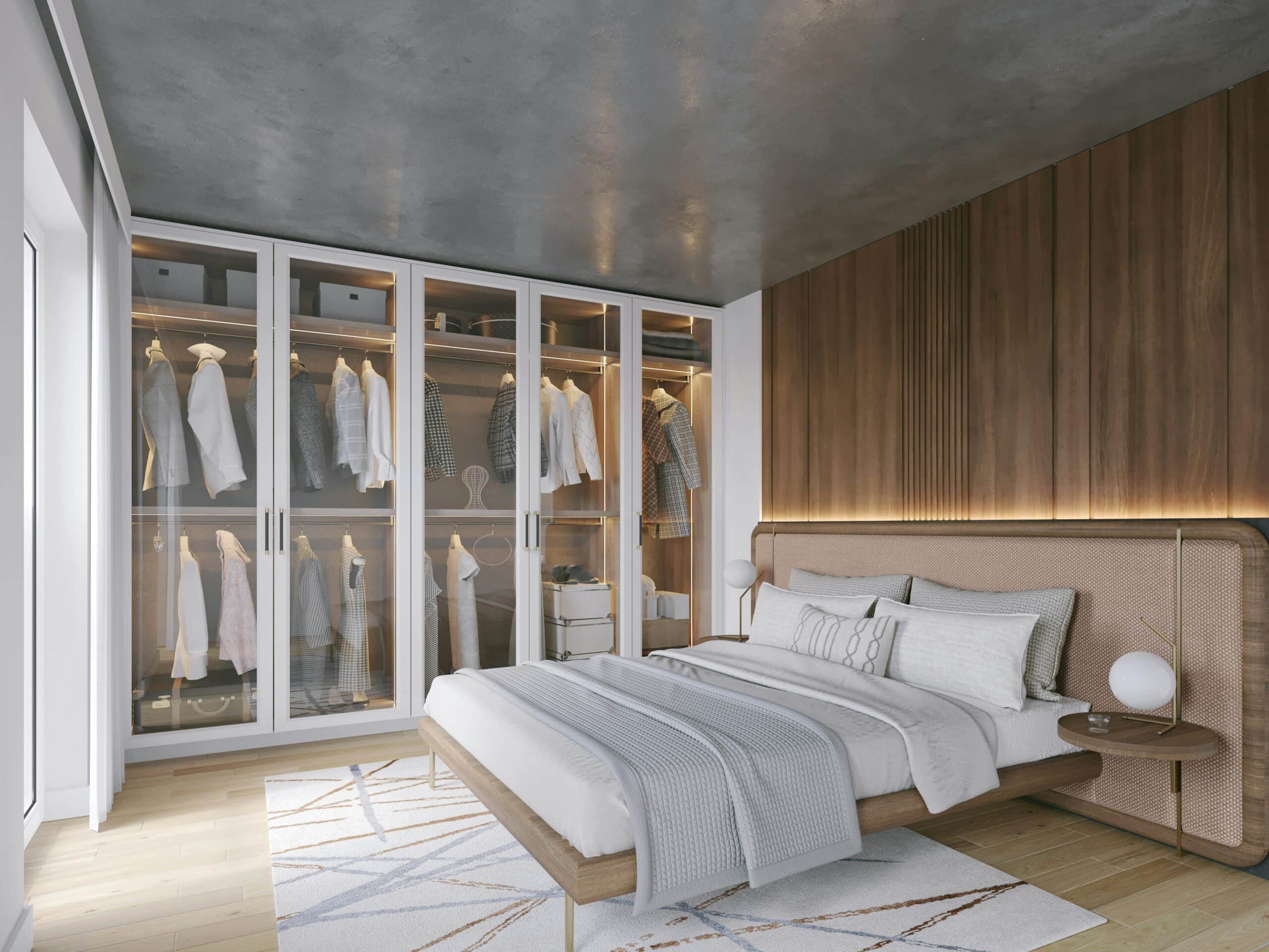 small bedroom with open wardrobe