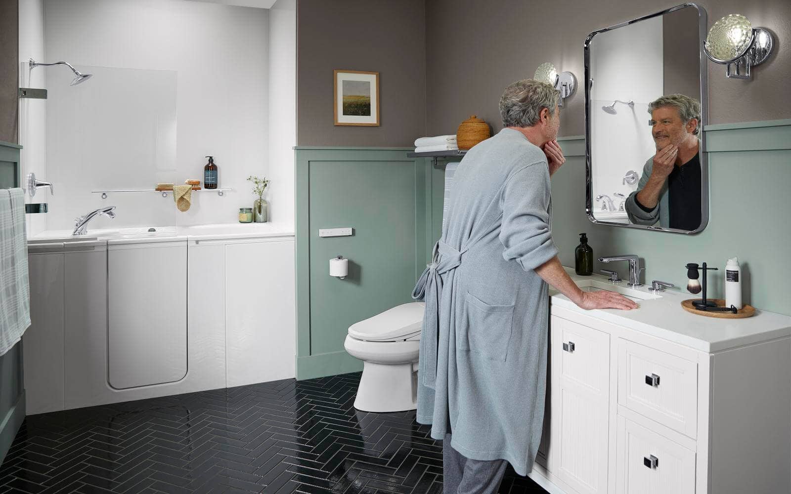 senior looking into bathroom mirror