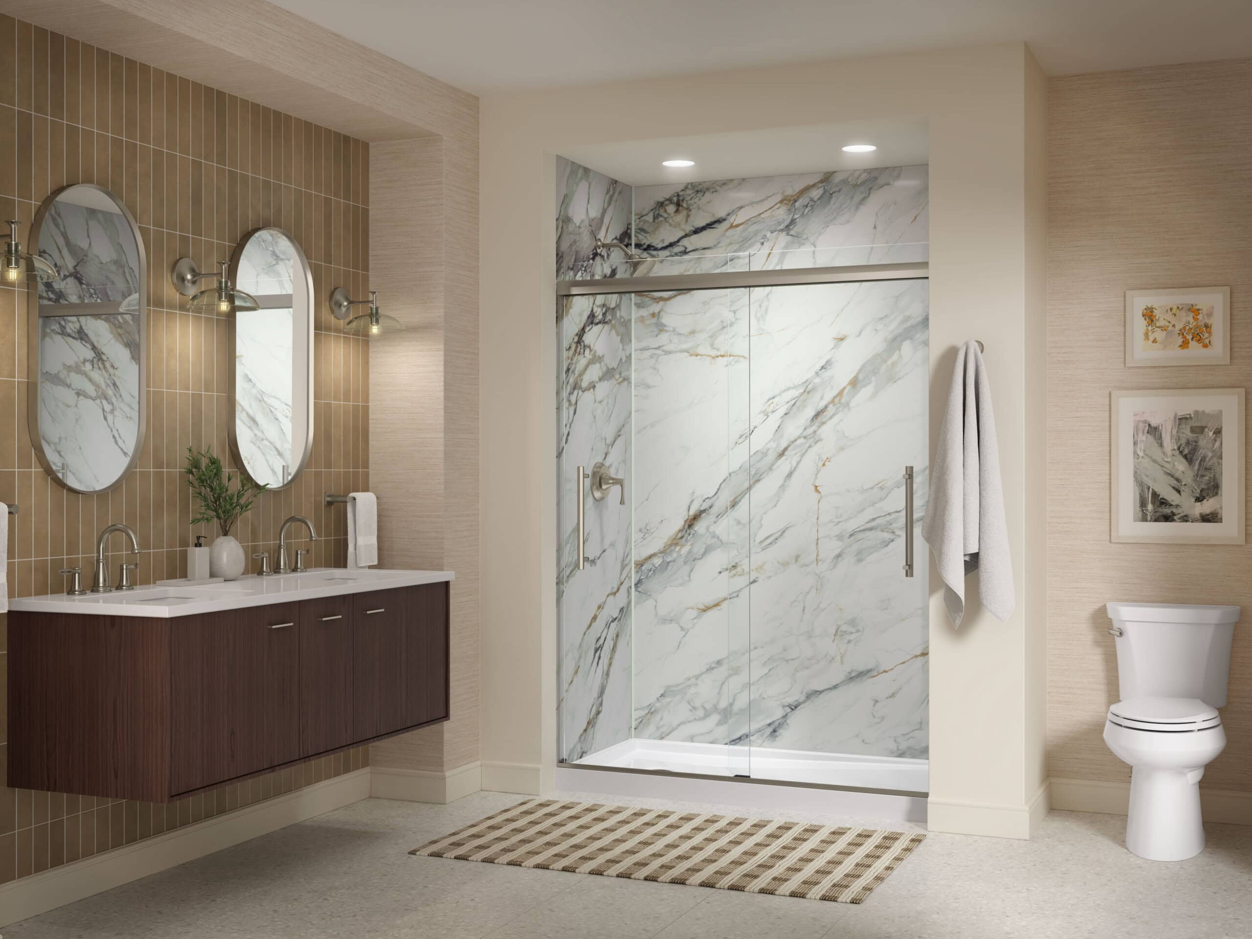 Contemporary bathroom with KOHLER LuxStone shower system|KOHLER LuxStone recessed shelving|KOHLER LuxStone low entry walk-in shower|KOHLER LuxStone shower with seating|Modern bathroom with KOHLER LuxStone shower