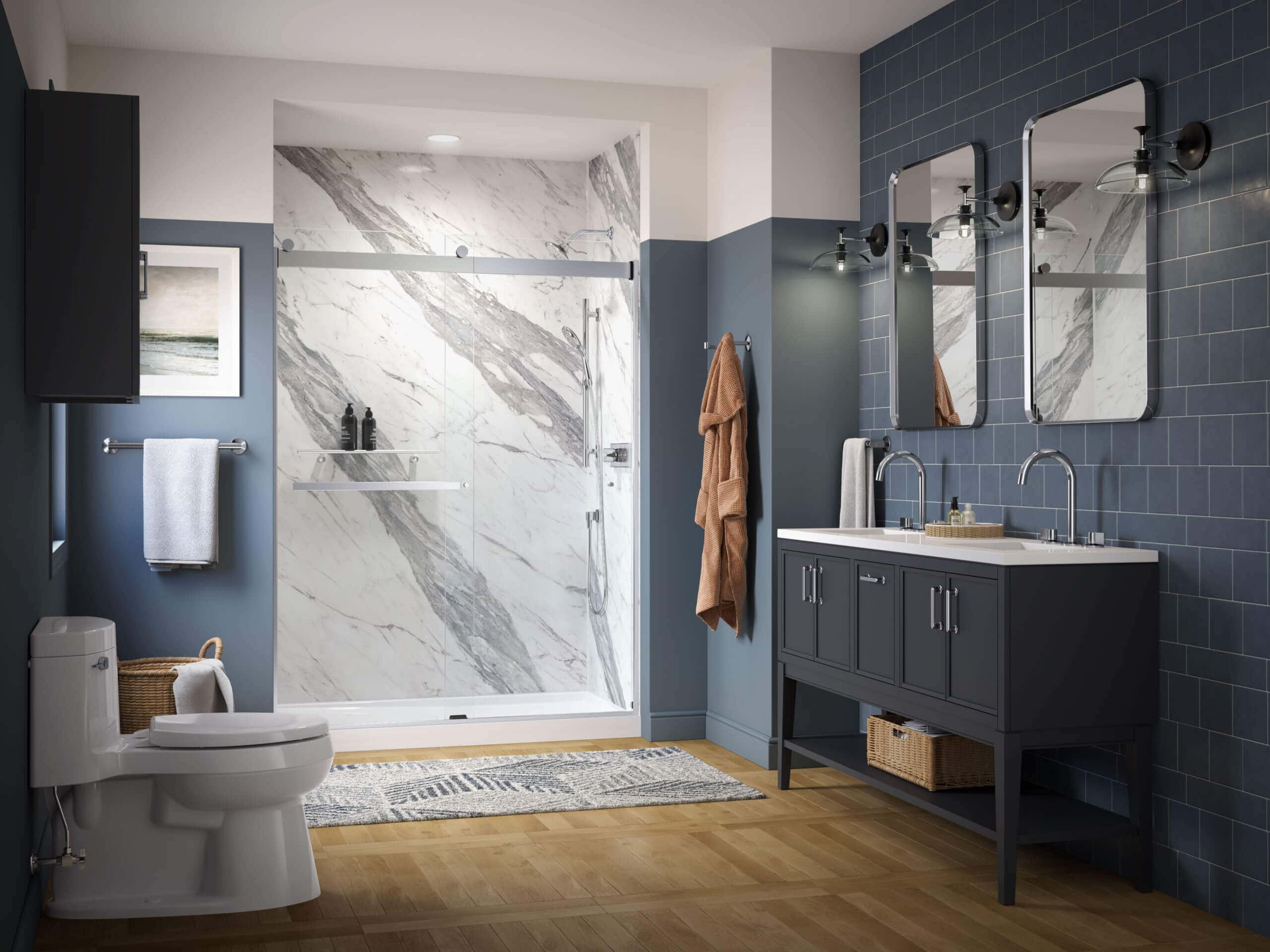 Lavish bathroom with KOHLER LuxStone shower|white modern bathroom with walk-in shower|Bathroom with KOHLER Walk-In Bath